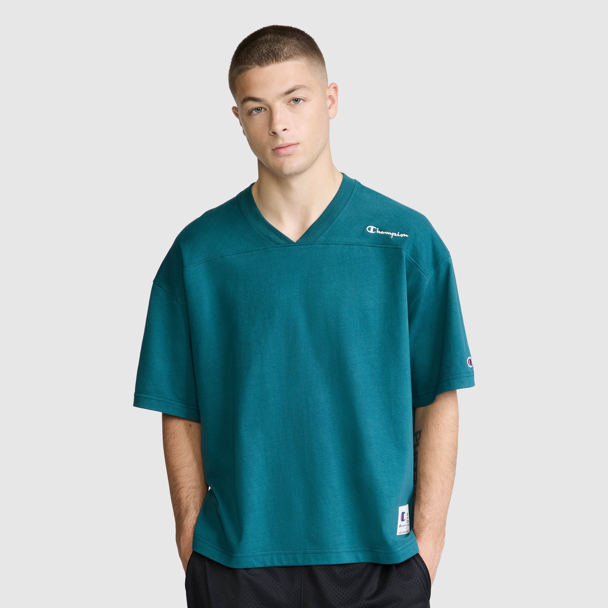Short Sleeve Boxy T-Shirt. Embroidered Script Logo